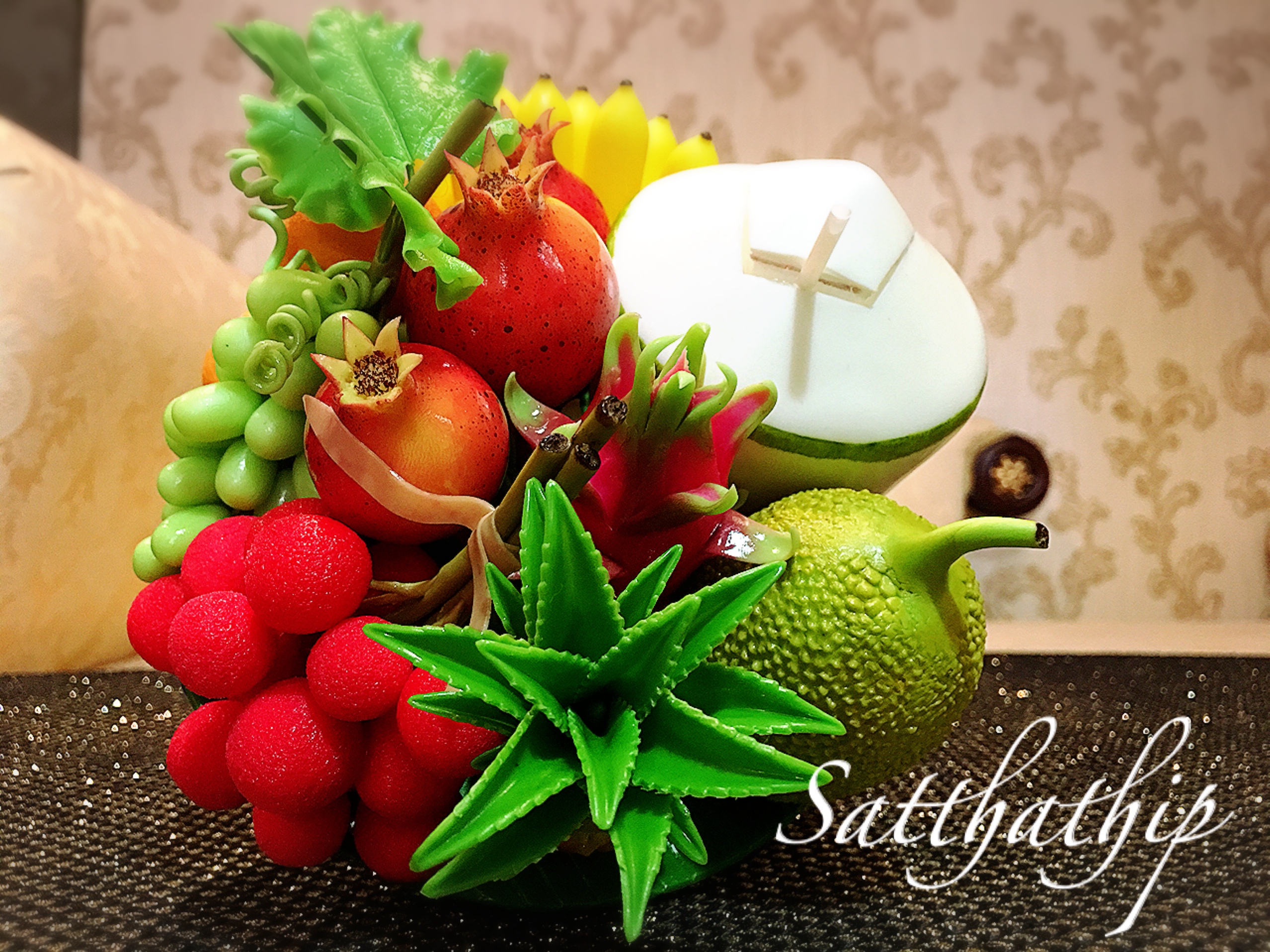 พานผลไม้ (9 อย่าง) ประดิษฐ์จากดิน - ผลไม้จิ๋ว - ผลไม้มงคล