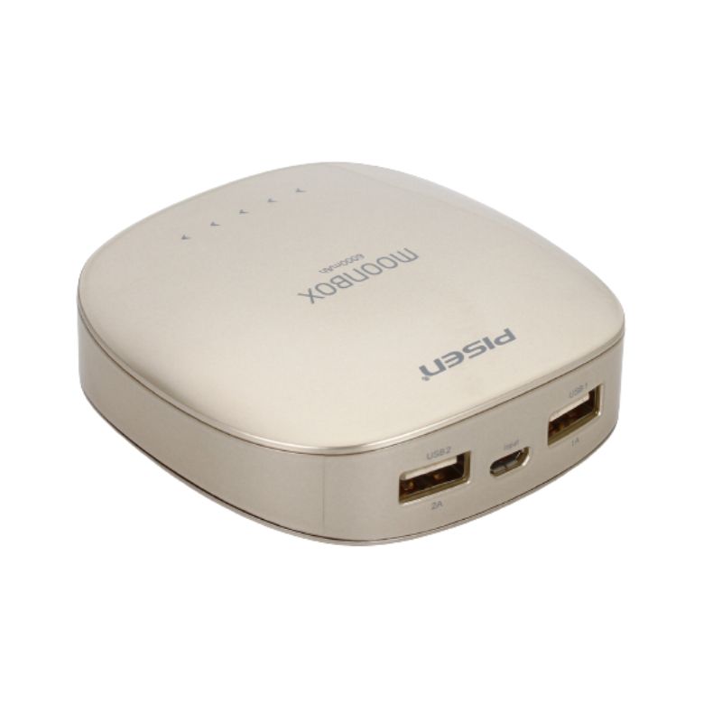 PISEN แบตสำรองแท้ 6,000 mAh พาวเวอร์แบงค์ 2 USB 5V-2A Moon Box Power รุ่น TS-D095 ปุ่มสัมผัสแบบสไลด์ ไฟฉาย LED ส่องสว่างยามค่ำคืนในตัว เก็บประจุเต็มที่ได้ยาวนาน รูปทรงโค้งมน ขนาดกระทัดรัดจับถนัดกระชับมือ - สีทองคำ