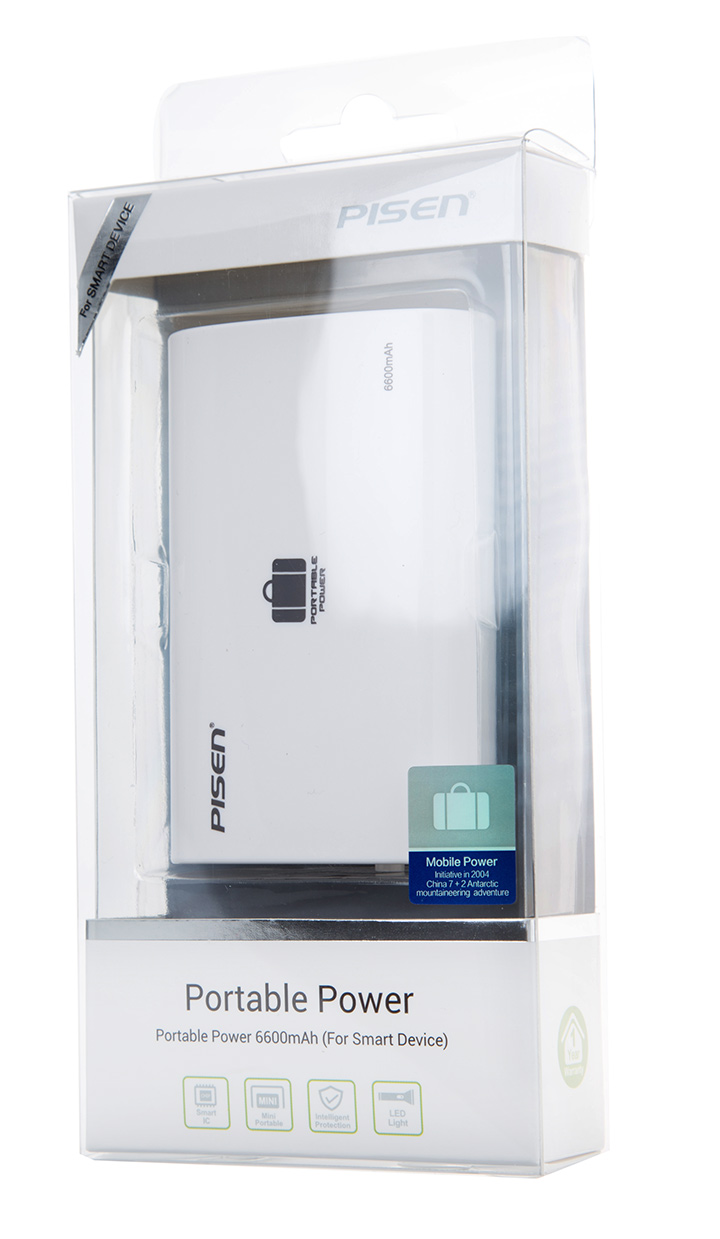 PISEN แบตสำรองแท้ 6,600 mAh พาวเวอร์แบงค์ USB 5V-2A Portable Power รุ่น TS-UC025 ปุ่มสวิตซืเปิด-ปิด ไฟฉาย LED แสดงสถานะพลังงาน เก็บประจุเต็มที่ได้ยาวนาน รูปทรงโค้งมน ขนาดกระทัดรัดจับถนัดกระชับมือ - สีขาว