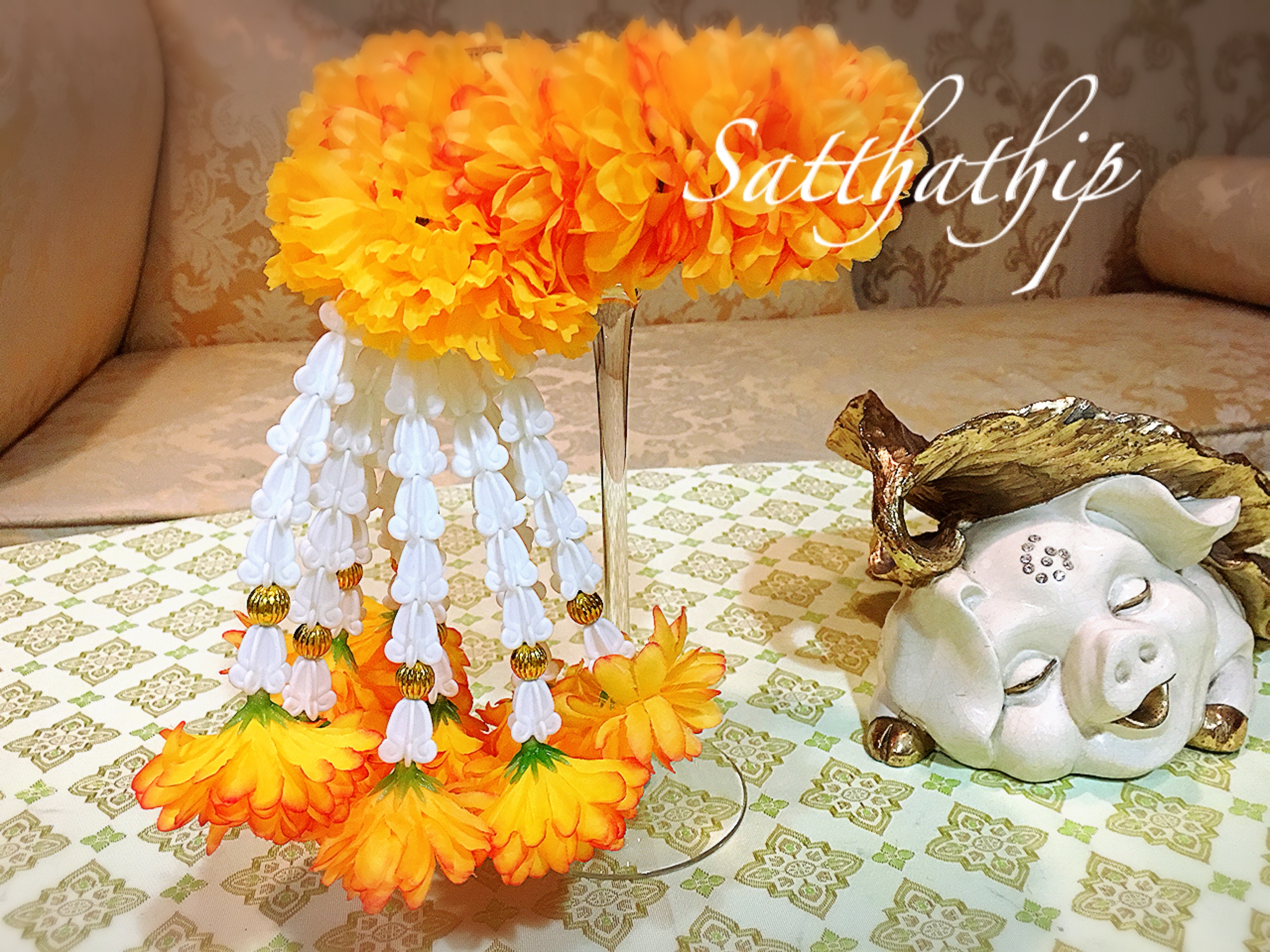 พวงมาลัยผ้า - พวงมาลัยดอกมัมผสมดอกดาวเรือง ประดิษฐ์ - พวงมาลัยถวายศาลพระภูมิ - Fabric Garland