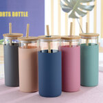 แก้วน้ำ,ขวดแก้วใส,แก้วน้ำพร้อมที่จับซิลิโคน,ขวดแก้วพร้อมหลอดไม้ไผ่,480ml