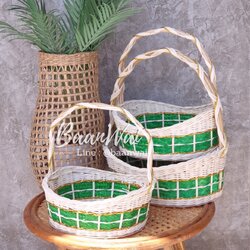 กระเช้าหวายฟอกขาว Code-006 ทรงรี (ลายคาดเขียว)