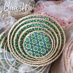 กระด้งไม้ไผ่ ลายพิกุล (สีเขียว)