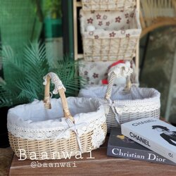 ตะกร้าหวายเทียม บุผ้า ทรงรี