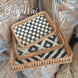 ถาดหวายสาน (พื้นขาว-ดำ) ถาดหวาย ถาดเสิร์ฟอาหาร ทรงสี่เหลี่ยมผืนผ้า