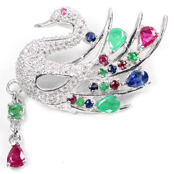 เข็มกลัดหงส์พลอยแท้ไพลิน,มรกตและทับทิม 3.20 กะรัต