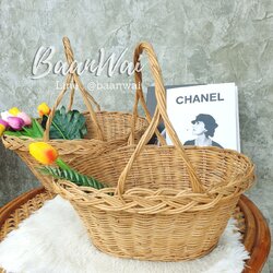 ตะกร้าหวายหูโค้ง ทรงรี ตะกร้าหวายทรงรี