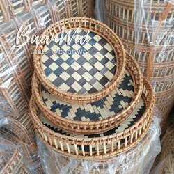 ถาดหวายสาน (พื้นขาว-ดำ) ถาดหวาย ถาดเสิร์ฟอาหาร ทรงกลม