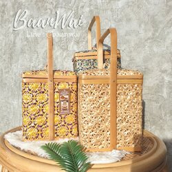 ปิ่นโตไม้ไผ่ ลายพิกุล ทรงเหลี่ยม ขนาด 7*8 นิ้ว