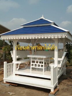 (รหัส B3 รบ.60) ศาลา ไม้สัก สีขาว คาฟ้าเข้ม2ชั้น พิงสัป / ขนาด 2x2x3 เมตร เพิ่มระเบียง 2.00x.0.60 เมตร