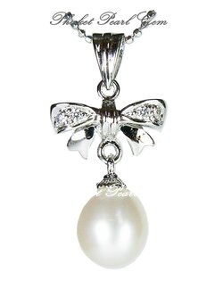Bow Ribbon Sterling Silver White Drop Pearl Pendant