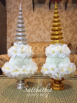 พานพุ่ม [7"] - พานพุ่มสักการะ - พานพุ่มดอกรัก - พานพุ่มดอกรักประดิษฐ์ (พลาสติก) - พานพุ่มสีขาว