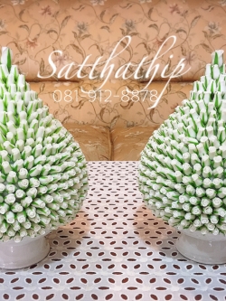 พานพุ่มดอกกุหลาบ - พานพุ่มดอกกุกลาบ สีขาว (ทรงน้ำเต้า) ประดิษฐ์จากดิน - Phan bush