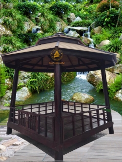 ( รหัส D6-G 6เหลี่ยม ) ศาลา ไม้สัก สีโอ๊ค แหย่งเสากลมเอียง คาตาลแปดเหลี่ยม มีรั้วรอบ / ขนาด 2.30x2.30x3.00 เมตร