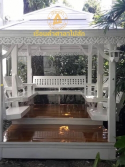 ( รหัส C3-S ขาว ) ศาลา ไม้สัก ชิงช้า สีขาว หลังสัปรด / ขนาด 2.00x3.20x3.00 เมตร
