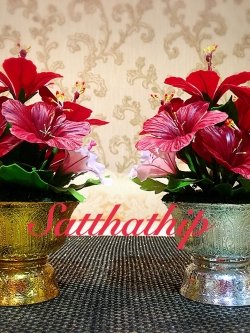 พานดอกชบา - ดอกชบาประดิษฐ์ - พานดอกชบา ประดิษฐ์จากดิน - พานดอกชบาประดิษฐ์