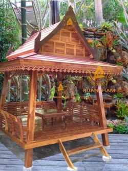 ( รหัส D2/3 ) ศาลา ไม้สัก แหย่งเสาเอียง สีเงา พิง3ด้าน คาตาล ทรงไทย / ขนาด 2.30x2.30x3.00 เมตร