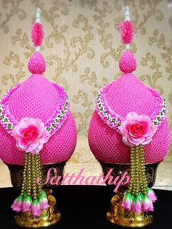 พานพุ่มผ้า สีชมพู ประดับคริสตัล - พานพุ่ม สีชมพู ประดับคริสตัล - พานพุ่มสักการะ สีชมพู ประดับคริสตัล - Phan bush