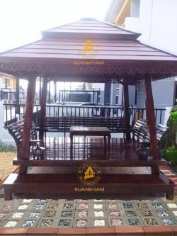 ( รหัส D1/3.รบ.ม้า ) ศาลาไม้สัก สีโอ๊ค แหย่ง หลังคาสีโอ๊ค เสาเหลี่ยมเอียง มีระเบียง / ขนาด 2.30x2.30x3.00 เมตร