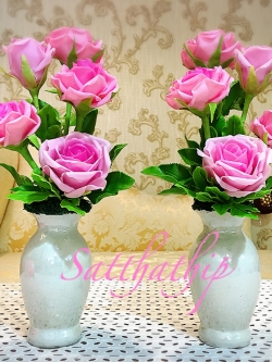 แจกันดอกกุหลาบ สีชมพู ประดิษฐ์จากดิน - ดอกกุหลาบ - Rose Flower