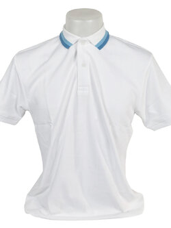 เสื้อโปโลชาย เสื้อโปโลสีขาว แขนจั๊มครึ่ง ปก จั๊มแขนมีลาย ฟ้าเข้ม ฟ้าอ่อน