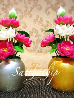 แจกันดอกบัว - ดอกบัวประดิษฐ์ - แจกันดอกบัวหลวงสีผสม (ข้างละ 5 ดอก ไม่รวมดอกตูม) ประดิษฐ์จากดิน - แจกันดอกบัวประดิษฐ์ - Lotus Flower