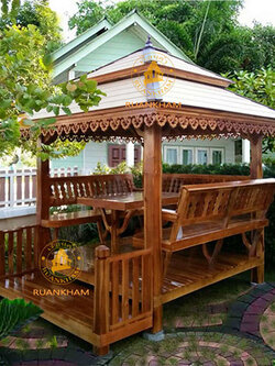 ( รหัส A3-รบ.60 ) ศาลา ไม้สัก พิงหลังตั้ง คา2ชั้นสี / ขนาด 2x2x3 เมตร เพิ่มระเบียงหน้่า 60 ซม.