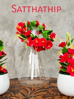 ชุดแจกันดอกชบา พร้อมพวงมาลัยดอกชบา ประดิษฐ์จากดิน