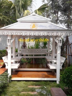 ( รหัส C3-M ขาว ) ศาลา ไม้สัก สีขาว ชิงช้าใหญ่ หลังนิว / ขนาด 2.50x4.00x3.20 เมตร