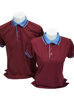 เสื้อโปโล สีเลือดหมู TC แขนจั๊ม ปกสีฟ้าครามลายเส้นสีเลือดหมู