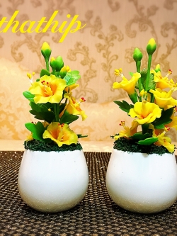 แจกันดอกชบา - ดอกชบาประดิษฐ์ - แจกันดอกชบา ประดิษฐ์จากดิน - แจกันดอกชบาประดิษฐ์