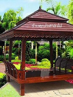 ( รหัส D1/2 ). ศาลา ไม้สัก แหย่งเสาเอียง สีโอ๊คแดง มีพนักพิง 2ด้าน คาตาล / ขนาด 230x230x300 เมตร