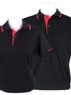 เสื้อโปโลสีดำ สาบเสื้อสีแดง ขลิบปก แขนสีแดง