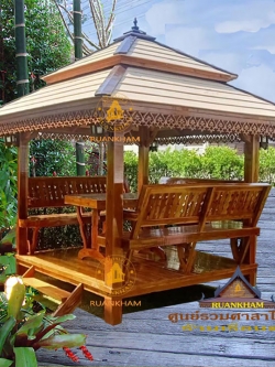 ( รหัส A3 ) ศาลาไม้สัก สีเงา หลังคาสีน้ำตาล พิงหลังลายสัปรด ขนาด 2.00x2.00x3.00 เมตร