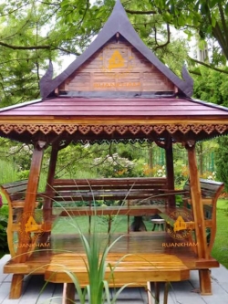 ( รหัส E2 ) ศาลา ไม้สัก สีเงา ทรงไทย อโยธยา เสาเหลี่ยมเอียง / ขนาด 2.40x2.40x3.00 เมตร