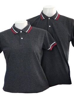 เสื้อโปโลสีดำลาย ปกดำแต่งลายเส้นขาวแดง แขนจัีมครึ่งเดียว เสื้อโปโลชาย เสื้อโปโลหญิง