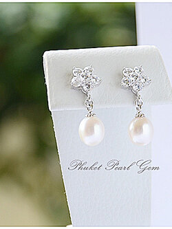 Phuket Pearl Gem Silver Earrings ต่างหูเงินแท้+ไข่มุกทรงหยดน้ำ