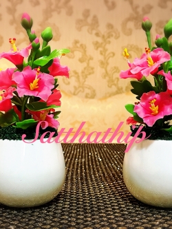 แจกันดอกชบา - ดอกชบาประดิษฐ์ - แจกันดอกชบา ประดิษฐ์จากดิน - แจกันดอกชบาประดิษฐ์