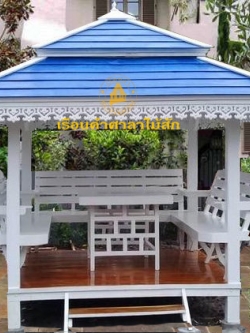 ( รหัส B1-โต๊ะ ) ศาลา ไม้สัก สีขาว คาฟ้า2ชั้น หลังนิว โต๊ะไม้ตาราง / ขนาด 2.00x2.00x3.00 เมตร