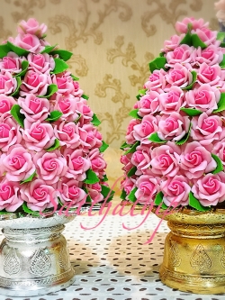พานพุ่มดอกกุหลาบ - พานพุ่มดอกกุหลาบสีชมพู ประดิษฐ์จากดิน - Rose Flower - Phan bush