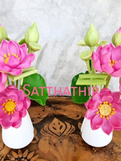 แจกันดอกบัว - ดอกบัวประดิษฐ์ - แจกันดอกบัวหลวงสีชมพู (ข้างละ 3 ดอก) ประดิษฐ์จากดิน - แจกันดอกบัวประดิษฐ์ - Lotus Flower