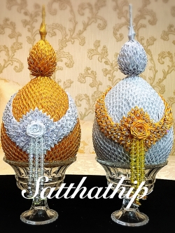 พานพุ่ม - พานพุ่ม ประดับเกล็ดผ้า - พานพุ่มเงินทอง - พานพุ่มผ้าตาด ประดับคริสตัล - Phan bush