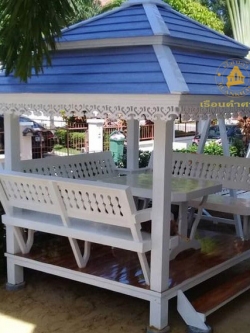 ( รหัส B3 ) ศาลา ไม้สัก สีขาว คาฟ้าเข้ม2ชั้น พิงสัปรด / ขนาด 2.00x2.00x3.00 เมตร