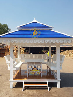 ( รหัส B3 ) ศาลา ไม้สัก สีขาว คาฟ้าเข้ม2ชั้น พิงสัป / ขนาด 2x2x3 เมตร