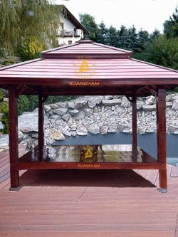 ( รหัส DT1-3x3 ) ศาลา แหย่งเสาตรง ไม้สัก สีโอ๊ค คาตาล2ชั้น เชิงเรียบโมเดิอร์น / ขนาด 3.00x3.00x3.00 เมตร