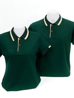 เสื้อโปโลสีเขียวเป็ด แขนจั๊มครึ่ง ปก แขนทอลายเส้นสีเหลืองครีม