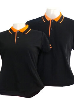 เสื้อโปโลสีดำ ปกสีส้มดำ ชาย หญิง