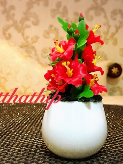 แจกันดอกชบา - ดอกชบาประดิษฐ์ - แจกันดอกชบา ประดิษฐ์จากดิน - แจกันดอกชบาประดิษฐ์