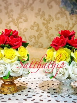 พานพุ่มดอกกุหลาบ - พานพุ่มดอกกุหลาบสีผสม ประดิษฐ์จากดิน - Rose Flower - Phan bush