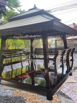 ( รหัส E1-โอ๊ค ) ศาลา ไม้สัก สีโอ๊คดำ ทรงอโยธยา เสาเอียง คาขาว2ชั้น / ขนาด 2.40x2.240x3.00 เมตร